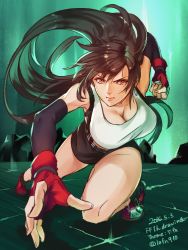 Rule 34 | 1girl, 2016, arm warmers, bare shoulders, black hair, black skirt, breasts, cleavage, clenched hand, closed mouth, dated, final fantasy, final fantasy vii, fingerless gloves, fingernails, floating hair, glint, gloves, hair between eyes, kudou asami, large breasts, lifestream, long hair, looking at viewer, miniskirt, on one knee, red eyes, red gloves, skirt, solo, sparkle, straight hair, suspender skirt, suspenders, tifa lockhart, twitter username, v-shaped eyebrows