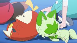 Rule 34 | 1boy, 1girl, animal ears, cat, cat ears, cat tail, closed eyes, colored skin, creatures (company), fuecoco, game freak, green skin, highres, liko (pokemon), nintendo, pokemon, pokemon (anime), pokemon (creature), pokemon horizons, roy (pokemon), screencap, sitting, sleeping, sprigatito, tail