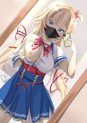Rule 34 | 1girl, akai haato, akai haato (1st costume), blonde hair, blue eyes, bra, bra pull, breasts, cellphone, clothes pull, dutch angle, hair ornament, hair ribbon, heart, heart hair ornament, highres, hololive, large breasts, mask, mouth mask, nipples, one side up, phone, reflection, ribbon, ryuunagi hyouga, school uniform, selfie, shirt pull, short sleeves, single bare shoulder, underwear, undressing, virtual youtuber