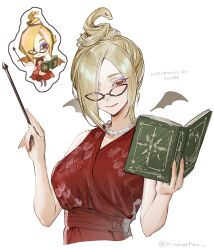 Rule 34 | 1girl, absurdres, arms up, bare shoulders, black-framed eyewear, blonde hair, blue eyeshadow, book, breasts, chibi, chibi inset, collarbone, cropped torso, demon wings, dress, eyeshadow, fingernails, hair over one eye, highres, hitohachan, holding, holding book, holding wand, jewelry, large breasts, long bangs, looking at viewer, makeup, melissa (tongari boushi), necklace, nose pads, parted bangs, pearl necklace, pink lips, red dress, red eyes, simple background, smile, snake hair, tongari boushi (series), wand, white background, wings
