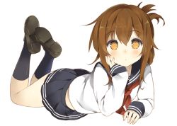 Rule 34 | 10s, 1girl, bad id, bad twitter id, black socks, brown eyes, brown hair, folded ponytail, full body, hand on own face, head rest, inazuma (kancolle), kantai collection, legs up, loafers, long hair, long sleeves, looking at viewer, lying, no pupils, on stomach, pleated skirt, school uniform, serafuku, shimeji (4 me ji), shoes, simple background, skirt, sleeves past wrists, socks, solo, white background