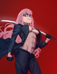Rule 34 | 1girl, abs, angry, breasts, closed mouth, gloves, highres, hololive, hololive english, katana, large breasts, long hair, looking at viewer, mori calliope, navel, no bra, open clothes, open shirt, pink hair, red background, red eyes, solo, standing, sword, virtual youtuber, weapon, zedd (zedgawr)