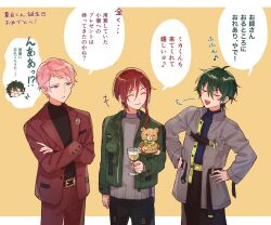 Rule 34 | 3boys, belt, black belt, black pants, black shirt, blush, bow, bowtie, closed eyes, closed mouth, commentary request, cowboy shot, crossed arms, cup, ensemble stars!, green bow, green bowtie, green hair, hair between eyes, hands on own hips, highres, holding, holding cup, itsuki shu, jacket, kagehira mika, lapels, long sleeves, male focus, multicolored hair, multiple boys, open clothes, open jacket, open mouth, pants, pink hair, purple eyes, red hair, red pants, safety pin, sakasaki natsume, shirt, short hair, speech bubble, streaked hair, stuffed animal, stuffed toy, teddy bear, teeth, translation request, upper teeth only, valkyrie (ensemble stars!), wednesday 108, white hair