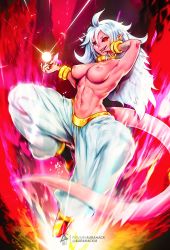Rule 34 | 1girl, android 21, aura, aurahack, black nails, black sclera, breasts, colored sclera, colored skin, dragon ball, dragon ball fighterz, energy, energy ball, evil smile, glowing, glowing eyes, highres, long hair, long tail, looking at viewer, majin android 21, medium breasts, messy hair, monster girl, nail polish, navel, nipples, pink skin, red eyes, smile, solo, stomach, tail, toned, topless, very long hair, very long tail, white hair