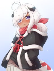 Rule 34 | 1girl, bandana, black capelet, black jacket, blush, bow, capelet, closed mouth, eyes visible through hair, fang, fang out, hair bow, haira (klaius), hands in pockets, highres, hood, hood down, hooded capelet, horns, jacket, klaius, lizard tail, long sleeves, looking at viewer, original, purple eyes, skin fang, solo, standing, tail, white hair