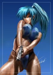 Rule 34 | blue hair, breasts, covered erect nipples, divergence eve, green eyes, gun, handgun, highres, holding, kureha misaki, large breasts, ponytail, sweat, two-handed, underwear, weapon