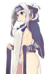Rule 34 | 10s, 1girl, ainu, ainu clothes, bad id, bad twitter id, bandana, blue eyes, breasts, dress, dressing, folded ponytail, fundoshi, headband, hita (hitapita), japanese clothes, kamoi (kancolle), kantai collection, long hair, long sleeves, looking to the side, panties, sideboob, sidelocks, sleeveless, sleeveless dress, solo, thick eyebrows, underwear, white background, white dress, white hair, wrist guards