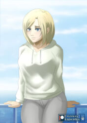 Rule 34 | 1girl, absurdres, annie leonhart, arm support, artist logo, artist name, blonde hair, blue eyes, closed mouth, cloud, cowboy shot, drawstring, espiralsix, feet out of frame, female focus, grey pants, guard rail, highres, horizon, lips, long sleeves, outdoors, paid reward available, pants, patreon logo, shingeki no kyojin, short hair, sku, smile, solo, standing, sweater, thighs, white sweater