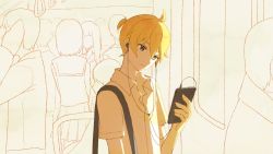 Rule 34 | 1boy, ahoge, blonde hair, blue eyes, cellphone, closed mouth, earbuds, earphones, eob, expressionless, half-closed eyes, hand grip, highres, holding, holding phone, kagamine len, listening to music, looking down, male focus, monochrome background, open collar, phone, pleated skirt, school uniform, serafuku, shirt, short ponytail, short sleeves, sitting, sketch, skirt, solo focus, subway, train interior, unbuttoned, unbuttoned shirt, vehicle interior, vocaloid, white shirt