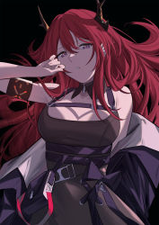 Rule 34 | 1girl, arknights, arm up, black background, black dress, black jacket, breasts, clothes pull, demon horns, detached collar, dress, elinnasky, harness, highres, horns, jacket, jacket pull, long hair, looking at viewer, medium breasts, open clothes, open jacket, open mouth, purple eyes, red hair, solo, surtr (arknights), upper body