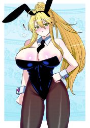 Rule 34 | 1girl, absurdres, alternate costume, animal ears, artoria pendragon (all), artoria pendragon (fate), artoria pendragon (swimsuit ruler) (fate), black leotard, black necktie, black pantyhose, blonde hair, blue background, breasts, cleavage, commentary request, cowboy shot, detached collar, fake animal ears, fate/grand order, fate (series), green eyes, highres, huge breasts, leotard, long hair, necktie, pantyhose, perepere-kun, playboy bunny, ponytail, rabbit ears, rabbit tail, solo, standing, strapless, strapless leotard, tail, wrist cuffs