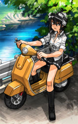 Rule 34 | 1girl, bad id, bad tumblr id, black hair, bra, commentary request, gettewi, gettydaze, goggles, goggles on head, helmet, highres, motor vehicle, river, school uniform, scooter, see-through, shirt, short hair, skirt, sleeves rolled up, socks, solo, sweat, underwear, vehicle, vespa, wet, wet clothes, wet shirt