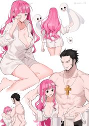 Rule 34 | 1boy, 1girl, barefoot, black eyes, black hair, breasts, cleavage, collarbone, cross, cross necklace, devil fruit, dracule mihawk, height difference, horo horo no mi, jewelry, joman, large breasts, long hair, multiple views, muscular, muscular male, naked shirt, necklace, one piece, perona, pink hair, rubbing eyes, shirt, simple background, sitting, thought bubble, twitter username, very long hair, white background, white shirt