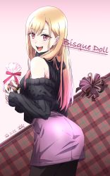 Rule 34 | 1girl, artist name, basket, black pantyhose, black sweater, blonde hair, chocolate, clothing cutout, commentary request, cowboy shot, dated, earrings, from behind, gift bag, highres, holding, holding basket, jewelry, kitagawa marin, long hair, looking at viewer, looking back, miniskirt, nii manabu, open mouth, pantyhose, purple skirt, red eyes, shoulder cutout, signature, skirt, smile, solo, sono bisque doll wa koi wo suru, standing, sweater, turtleneck, valentine