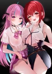 Rule 34 | 2girls, absurdres, ahoge, bare shoulders, black choker, black gloves, black panties, black skirt, blue hair, blush, bow, bowtie, braid, breasts, cat hair ornament, choker, clothes lift, collarbone, collared shirt, colored inner hair, covered erect nipples, covered navel, fang, fingerless gloves, gloves, hair between eyes, hair ornament, heart, heart-shaped pupils, heterochromia, highres, hololive, houshou marine, houshou marine (businesswoman), large breasts, lifting own clothes, long hair, looking at viewer, minato aqua, minato aqua (school uniform), miniskirt, multicolored hair, multiple girls, no panties, o-ring, o-ring choker, official alternate costume, okibari yasu, open mouth, panties, pink bow, pink bowtie, pink hair, pink skirt, plaid, plaid bow, plaid bowtie, plaid skirt, pleated skirt, purple eyes, red eyes, red hair, school uniform, see-through, see-through shirt, shirt, short hair, short sleeves, skin fang, skirt, skirt lift, sleeveless, sleeveless shirt, streaked hair, sweat, symbol-shaped pupils, thighs, two-tone hair, underwear, virtual youtuber, white shirt, x hair ornament, yellow eyes
