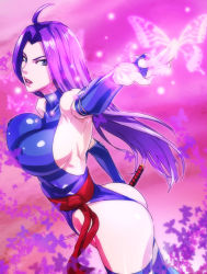 Rule 34 | 10s, 1girl, ahoge, animification, armpits, ass, bare shoulders, blue eyes, blue leotard, breasts, bug, butterfly, curvy, highleg, highleg leotard, insect, katana, large breasts, leotard, long hair, marvel, psylocke, purple hair, revealing clothes, shiny skin, sideboob, solo, sword, thighhighs, thong leotard, usatarou, weapon, wide hips, x-men