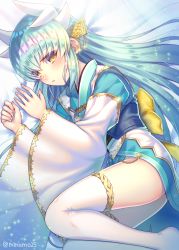 Rule 34 | 1girl, aqua hair, blush, bow, closed mouth, commentary request, dragon girl, dragon horns, fate/grand order, fate (series), highres, horns, japanese clothes, kimono, kiyohime (fate), long hair, lying, minamo25, obi, on side, sash, solo, sparkle, thighhighs, twitter username, white thighhighs, wide sleeves, yellow bow, yellow eyes