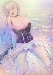 Rule 34 | 1girl, :d, absurdres, apron, azur lane, bare shoulders, belfast (azur lane), black eyes, breasts, choker, cleavage, highres, large breasts, long hair, looking at viewer, masaki (ekakiningen), off shoulder, open mouth, partially submerged, purple hair, sitting, smile, solo, teeth, tongue, wariza, white legwear
