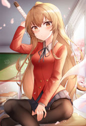 Rule 34 | 1girl, absurdres, aisaka taiga, arm up, black ribbon, black thighhighs, blazer, blue skirt, blush, bokken, brown eyes, brown hair, buttons, cherry blossoms, classroom, closed mouth, collared shirt, commentary, desk, double-breasted, highres, holding, holding sword, holding weapon, indoors, jacket, li se, long hair, long sleeves, neck ribbon, on desk, petals, pleated skirt, red jacket, ribbon, shirt, sitting, on desk, skirt, solo, sword, thighhighs, toradora!, weapon, white shirt, whiteboard, window, wooden sword