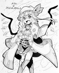 Rule 34 | 1girl, :d, absurdres, alternate costume, book, cosplay, crossover, crystal, fang, feet out of frame, fire emblem, flandre scarlet, greyscale, hair between eyes, hat, hat ribbon, head tilt, highres, holding, holding book, horus414(kari), long sleeves, looking at viewer, mob cap, monochrome, nintendo, open book, open mouth, ribbon, robin (fire emblem), robin (fire emblem) (cosplay), smile, touhou, traditional media, wings