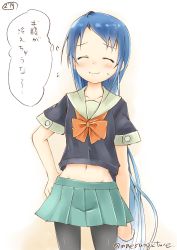 Rule 34 | 1girl, black legwear, blue hair, blush, bow, bowtie, buttons, closed eyes, collarbone, commentary request, cosplay, cowboy shot, flying sweatdrops, gradient hair, green skirt, groin, hand on own hip, highres, kantai collection, long hair, mae (maesanpicture), midriff, multicolored hair, navel, numbered, orange bow, orange bowtie, pleated skirt, samidare (kancolle), school uniform, serafuku, short sleeves, simple background, skirt, solo, sweatdrop, swept bangs, thought bubble, translated, twitter username, very long hair, yuubari (kancolle), yuubari (kancolle) (cosplay)