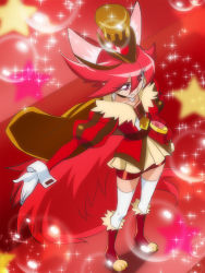 Rule 34 | 10s, 1girl, animal ears, cure chocolat, dog ears, dog tail, earrings, extra ears, from above, haruyama kazunori, hat, jewelry, kenjou akira, kirakira precure a la mode, magical girl, outstretched arm, precure, red background, red eyes, red hair, short hair, skirt, solo, standing, star (symbol), tail, thighhighs, white thighhighs