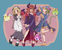 Rule 34 | 3girls, apron, bat (animal), bird, black dress, black footwear, blonde hair, blue shirt, blue shorts, bow, braid, cat tail, commentary request, cone hair bun, demon girl, demon horns, demon wings, double bun, dress, ethini (pretty rhythm), femini (pretty rhythm), frilled apron, frills, full body, green eyes, green hair, hair bun, halloween costume, hand up, hands up, hat, hat ornament, high heels, highres, holding, holding tray, horns, jiangshi, juliet sleeves, long hair, long sleeves, looking at viewer, maid, maid headdress, mea (meari mr), morizono wakana, multiple girls, ofuda, one eye closed, open mouth, outstretched arms, own hands together, penguin, pink bow, pretty rhythm, pretty rhythm rainbow live, pretty series, puffy sleeves, purple dress, purple eyes, purple horns, qingdai guanmao, red hair, renjouji beru, sessny (pretty rhythm), shirt, shoes, short hair, shorts, smile, standing, standing on one leg, tail, takanashi otoha, tray, twin braids, white apron, wings, zombie pose