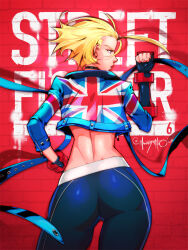 Rule 34 | 1girl, antenna hair, ass, asymmetrical gloves, black choker, black gloves, black pants, blonde hair, blue eyes, blue jacket, brick wall, cammy white, capcom, choker, clenched hand, commentary, contrapposto, copyright name, cropped jacket, english commentary, facing away, fingerless gloves, gloves, highres, jacket, looking to the side, maddestmao, mismatched gloves, pants, short hair, signature, single vambrace, solo, street fighter, street fighter 6, union jack, vambraces, yoga pants