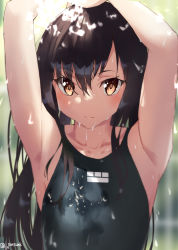 Rule 34 | 1girl, armpits, arms up, bare shoulders, black hair, black one-piece swimsuit, blush, brown eyes, closed mouth, collarbone, commentary request, competition swimsuit, flat chest, jonsun, long hair, looking at viewer, one-piece swimsuit, original, smile, solo, swimsuit, twitter username, upper body, very long hair, water, wet