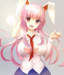 Rule 34 | 1girl, animal ears, bad id, bad pixiv id, between breasts, blush, breasts, cleavage, finger gun, hizagawa rau, large breasts, long hair, necktie, necktie between breasts, open clothes, open mouth, open shirt, partially open shirt, pink hair, pointy ears, rabbit ears, red eyes, red necktie, reisen udongein inaba, shirt, solo, touhou, unbuttoned