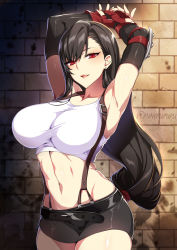 Rule 34 | 1girl, abs, armpits, arms up, belt, black hair, black skirt, blush, breasts, earrings, elbow pads, final fantasy, final fantasy vii, fingerless gloves, gloves, highres, jewelry, large breasts, long hair, looking at viewer, low-tied long hair, midriff, miniskirt, navel, open mouth, pencil skirt, puuzaki puuna, red eyes, red gloves, shirt, skirt, smile, solo, suspender skirt, suspenders, swept bangs, tank top, taut clothes, taut shirt, thighs, tifa lockhart, white tank top