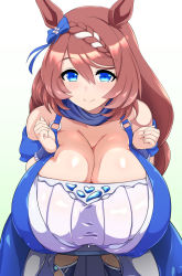 Rule 34 | smile, animal ears, bare shoulders, blue bow, blue dress, blue eyes, blue scarf, blue sleeves, bow, braid, breasts, breasts squeezed together, brown hair, cleavage, clenched hands, closed mouth, covered erect nipples, detached sleeves, dress, french braid, from above, gradient background, hair between eyes, hair bow, hair ribbon, hands up, highres, horse ears, huge breasts, isemagu, leaning forward, long hair, looking at viewer, ribbon, scarf, shiny skin, short sleeves, smile, super creek (umamusume), swept bangs, two-tone dress, umamusume, white dress, wristband