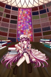 Rule 34 | 1girl, bad id, bad pixiv id, book, bookshelf, female focus, hat, library, long hair, mob cap, patchouli knowledge, planet time, purple eyes, purple hair, ribbon, solo, touhou, voile, yumoto (planet)