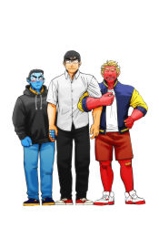 Rule 34 | 3boys, bara, black eyes, black hair, black pants, blonde hair, blue eyes, blue oni, blue oni (chijimetaro), blue skin, blush, chijimetaro, colored skin, denim, full body, glasses, holding hands, holding another&#039;s arm, horns, jacket, jeans, looking at viewer, lucky student (chijimetaro), male focus, multiple boys, oni, oni horns, open clothes, open jacket, original, own hands together, pants, pointy ears, red oni, red oni (chijimetaro), red skin, shoes, short hair, shorts, aged down