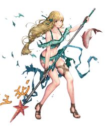 Rule 34 | 1girl, animal, bare shoulders, bikini, bikini shorts, braid, breasts, cleavage, collarbone, fingerless gloves, fire emblem, fire emblem: three houses, fire emblem heroes, fish, full body, gloves, green eyes, hair ornament, highres, holding, holding weapon, ingrid brandl galatea, long hair, looking away, medium breasts, navel, nintendo, off-shoulder bikini, off shoulder, official art, parted lips, polearm, sandals, sencha (senchat), short shorts, shorts, single braid, solo, stomach, swimsuit, thigh strap, toes, torn clothes, transparent background, weapon