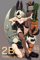 Rule 34 | 1boy, 1girl, alex ahad, all fours, animal ears, bare shoulders, basket, black blindfold, black footwear, blindfold, blush, boots, breasts, character name, cleavage, crossdressing, drooling, easter, emil (nier), fake animal ears, gloves, grey background, high heels, highres, large breasts, leotard, male playboy bunny, mole, mole under mouth, narrow waist, nier (series), nier:automata, parted lips, playboy bunny, pod (nier:automata), rabbit ears, reclining, saliva, short hair, simple background, sitting, stepped on, thighhighs, white hair, 2b (nier:automata), 9s (nier:automata)
