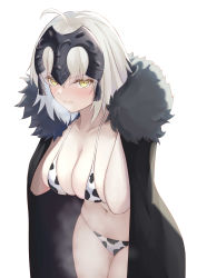 Rule 34 | 1girl, absurdres, animal print, bikini, black cape, blush, breasts, cape, cleavage, collarbone, cow print, fate/grand order, fate (series), fur-trimmed cape, fur trim, headpiece, highres, jeanne d&#039;arc (fate), jeanne d&#039;arc alter (avenger) (fate), jeanne d&#039;arc alter (fate), large breasts, looking at viewer, navel, okuma707, short hair, silver hair, simple background, solo, swimsuit, thighs, white background, yellow eyes