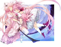 Rule 34 | 10s, 2girls, boots, bow (weapon), choker, city, closed eyes, dual persona, foreshortening, gloves, kaname madoka, long hair, magical girl, mahou shoujo madoka magica, mahou shoujo madoka magica (anime), multiple girls, pink hair, puffy sleeves, rimu (kingyo origin), rimu (rim573), short hair, smile, spoilers, thigh boots, thighhighs, twintails, ultimate madoka, very long hair, water, weapon, white gloves