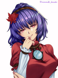 Rule 34 | 1girl, absurdres, breasts, commentary request, leaf hair ornament, hand to own mouth, head tilt, highres, large breasts, leaf, licking lips, looking at viewer, maple leaf, mature female, mirror, mononobe kanako, nail polish, pink nails, purple hair, red eyes, red shirt, shirt, short hair, simple background, smile, solo, tongue, tongue out, touhou, twitter username, white background, yasaka kanako