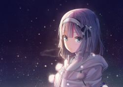 Rule 34 | 1girl, blue eyes, expressionless, hairband, hood, hooded jacket, jacket, looking at viewer, original, short hair, snow, snowing, white hair, windfeathers, winter clothes