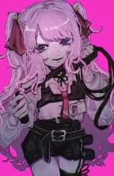 Rule 34 | 1girl, :d, belt, black gloves, gloves, goddess of victory: nikke, holding, holding whip, long hair, looking at viewer, necktie, open mouth, pink background, pink hair, purple eyes, shorts, simple background, single glove, smile, solo, teeth, thigh strap, yuni (nikke), zakomaru tendonburi