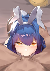Rule 34 | 1boy, 1girl, animal ears, blue hair, blush, rabbit ears, rabbit tail, deepthroat, disembodied hand, artistic error, fake animal ears, fellatio, girls&#039; frontline, hands on another&#039;s head, heart, heart-shaped pupils, hetero, highres, irrumatio, long hair, looking at viewer, oral, pantyhose, penis, pov, symbol-shaped pupils, tail, tar-21 (girls&#039; frontline), trembling, uncensored, yellow eyes, yueqin (monnpiano)