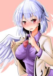 Rule 34 | 1girl, blush, breasts, breasts apart, brooch, collared shirt, commentary request, finger to mouth, highres, jacket, jewelry, kishin sagume, large breasts, long sleeves, looking at viewer, neck, no bra, nose blush, one-hour drawing challenge, open mouth, oshiaki, purple shirt, red eyes, shirt, short hair, shushing, silver hair, single wing, solo, sweat, touhou, upper body, white jacket, wings