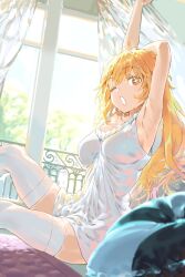 Rule 34 | 1girl, armpits, arms up, blonde hair, breasts, bright pupils, brown eyes, commentary, curtains, cushion, haimura kiyotaka, highres, large breasts, long hair, looking at viewer, nightgown, on bed, one eye closed, open mouth, orange eyes, pillow, shokuhou misaki, sitting, sleepwear, sparkling eyes, star-shaped pupils, star (symbol), stretching, symbol-only commentary, symbol-shaped pupils, thighhighs, toaru kagaku no mental out, toaru kagaku no railgun, toaru majutsu no index, white nightgown, white thighhighs, window, yawning, yellow pupils