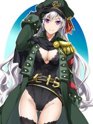 Rule 34 | 1girl, adjusting clothes, adjusting headwear, aged up, alternate breast size, belt, black gloves, black leotard, black thighhighs, breasts, cleavage, coat, commentary request, epaulettes, fate/grand order, fate (series), gloves, green coat, green hat, hand in pocket, hat, helena blavatsky (fate), hexagram, highres, large breasts, leotard, long hair, peaked cap, purple eyes, red-eyes macadamiachoco, silver hair, solo, star of david, thighhighs, trench coat, very long hair