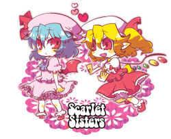 Rule 34 | 2girls, ascot, back bow, bat wings, blonde hair, blue ascot, blue hair, bobby socks, bow, bowtie, brooch, character name, chibi, closed mouth, fang, flandre scarlet, frilled skirt, frilled sleeves, frills, from side, full body, hair between eyes, hat, heart, jewelry, large bow, looking at another, mary janes, medium hair, mob cap, multicolored wings, multiple girls, one side up, open mouth, pigeon-toed, pink headwear, pink shirt, pink skirt, pointy ears, puffy short sleeves, puffy sleeves, purple brooch, red eyes, red footwear, remilia scarlet, shirt, shoes, short sleeves, siblings, simple background, sisters, skirt, socks, surigoma, touhou, white background, white headwear, white shirt, white socks, wings, yellow ascot, yellow bow, yellow bowtie