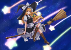 Rule 34 | 1girl, absurdres, apron, black skirt, black vest, blonde hair, boots, bow, braid, broom, broom riding, brown footwear, commentary, cross-laced footwear, green bow, grin, hair bow, hat, hat bow, highres, kirisame marisa, lace-up boots, long hair, magic, night, night sky, piaoluo de ying huaban, puffy short sleeves, puffy sleeves, short sleeves, side braid, single braid, skirt, sky, smile, solo, star (sky), star (symbol), touhou, vest, waist apron, white apron, white bow, witch hat, yellow eyes