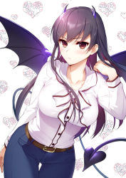 Rule 34 | 1girl, arm up, belt, belt buckle, blouse, blue pants, blush, bow, breasts, buckle, closed mouth, collarbone, cowboy shot, demon girl, demon horns, demon tail, demon wings, denim, heart, heart background, horns, jeans, large breasts, long hair, long sleeves, looking at viewer, original, pants, purple hair, purple wings, red eyes, shirt, solo, tail, thigh gap, tsuyuta kome, v-shaped eyebrows, white background, white bow, white hair, white shirt, wings