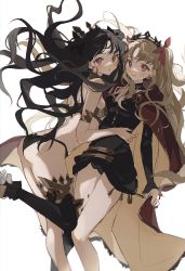 Rule 34 | 1girl, 2girls, armlet, ass, bikini, black bikini, black hair, black ribbon, black thighhighs, blush, breasts, cape, earrings, ereshkigal (fate), fate/grand order, fate (series), hair ribbon, highres, hoop earrings, ishtar (fate), jewelry, light brown hair, long hair, long sleeves, multiple girls, parted lips, red eyes, red ribbon, ribbon, siblings, simple background, single thighhigh, sisters, small breasts, swimsuit, thighhighs, tiara, two side up, utsuhostoria, white background