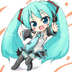 Rule 34 | aqua eyes, aqua hair, armpits, boots, chibi, detached sleeves, fang, hatsune miku, headphones, kojima tsuma, long hair, lowres, miniskirt, necktie, outstretched arms, shadow, simple background, skirt, solo, spread arms, standing, thigh boots, thighhighs, twintails, vocaloid
